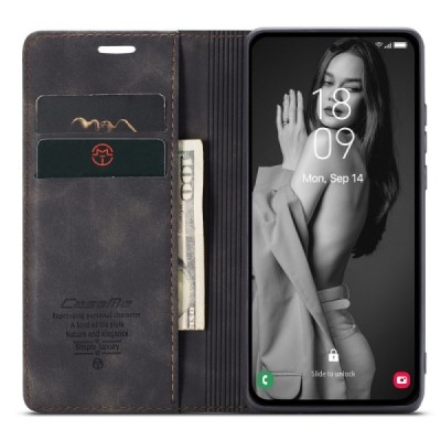 Samsung Galaxy A55 5G (SM-A556) CaseMe Retro solīds atvēramais ādas melns maciņš - maks | Vacins.lv