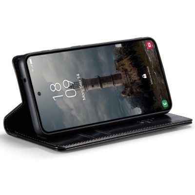 Samsung Galaxy A55 5G (SM-A556) CaseMe Leather solīds atvēramais ādas melns maciņš - maks | Vacins.lv