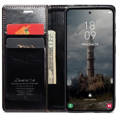 Samsung Galaxy A55 5G (SM-A556) CaseMe Leather solīds atvēramais ādas melns maciņš - maks | Vacins.lv