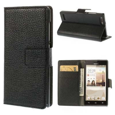 Huawei Ascend G6 atvēramais melns ādas Litchi futrālis - maciņš / Vacins.lv