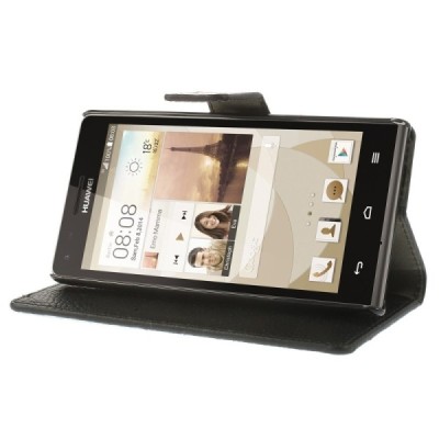 Huawei Ascend G6 atverčiamas juodas odinis Litchi dėklas - piniginė / Priedai.lt