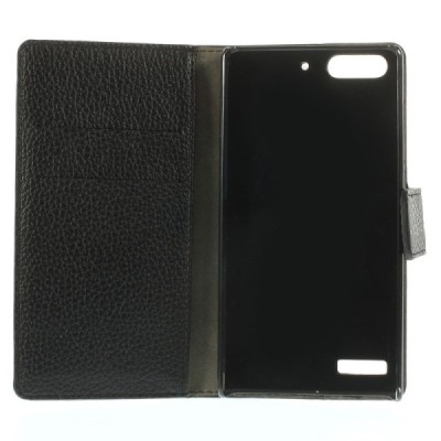 Huawei Ascend G6 atverčiamas juodas odinis Litchi dėklas - piniginė / Priedai.lt