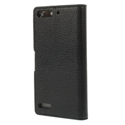 Huawei Ascend G6 atverčiamas juodas odinis Litchi dėklas - piniginė / Priedai.lt