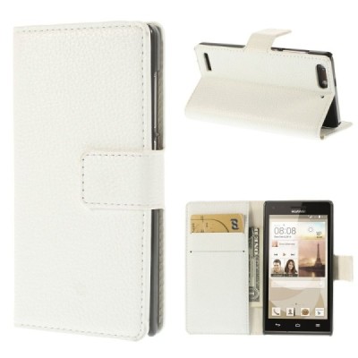 Huawei Ascend G6 atverčiamas baltas odinis Litchi dėklas - piniginė / Priedai.lt