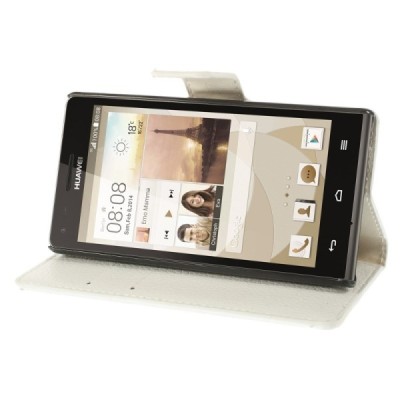 Huawei Ascend G6 atverčiamas baltas odinis Litchi dėklas - piniginė / Priedai.lt