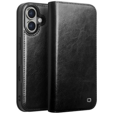 Apple iPhone 16 "QIALINO" atvēramais ādas melns maciņš - maks | Vacins.lv