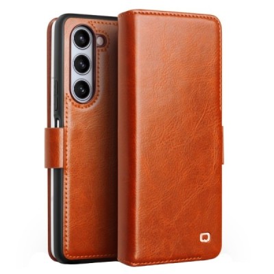 Samsung Galaxy Fold5 5G (SM-F946B) „QIALINO“ atvēramais ādas gaiši brūns maciņš - maks | Vacins.lv