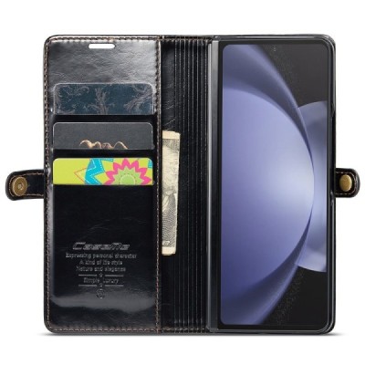 Samsung Galaxy Fold5 5G (SM-F946B) „CaseMe“ Leather solīds atvēramais ādas melns maciņš - maks | Vacins.lv