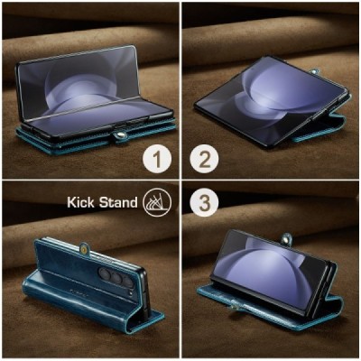 Samsung Galaxy Fold5 5G (SM-F946B) „CaseMe“ Leather solidus atverčiamas mėlynas odinis dėklas - knygutė | Priedai.lt