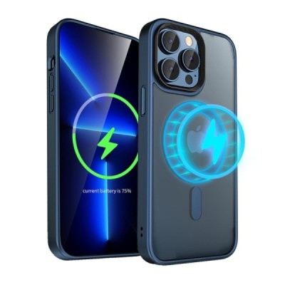 Apple iPhone 15 Pro Max „Mocolo“ Rubberized MagSafe silikoninis skaidrus permatomas dėklas su mėlynu rėmeliu | Priedai.lt