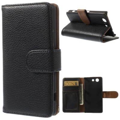 Sony Xperia Z3 Compact atvēramais melns ādas Litchi futrālis - maciņš / Vacins.lv