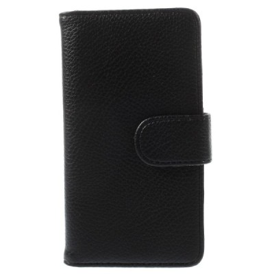 Sony Xperia Z3 Compact atvēramais melns ādas Litchi futrālis - maciņš / Vacins.lv