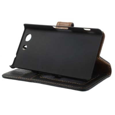 Sony Xperia Z3 Compact atvēramais melns ādas Litchi futrālis - maciņš / Vacins.lv