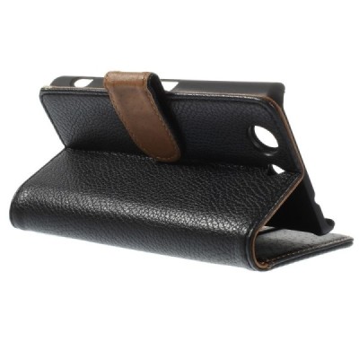 Sony Xperia Z3 Compact atvēramais melns ādas Litchi futrālis - maciņš / Vacins.lv