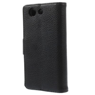 Sony Xperia Z3 Compact atvēramais melns ādas Litchi futrālis - maciņš / Vacins.lv