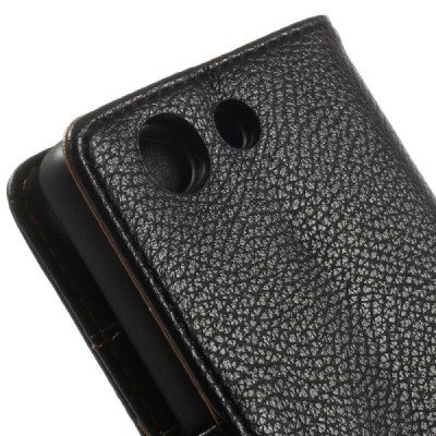 Sony Xperia Z3 Compact atvēramais melns ādas Litchi futrālis - maciņš / Vacins.lv