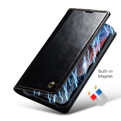 Apple iPhone 15 „CaseMe“ Leather solīds atvēramais ādas melns maciņš - maks | Vacins.lv
