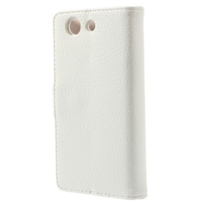 Sony Xperia Z3 Compact atverčiamas baltas odinis Litchi dėklas - piniginė / Priedai.lt