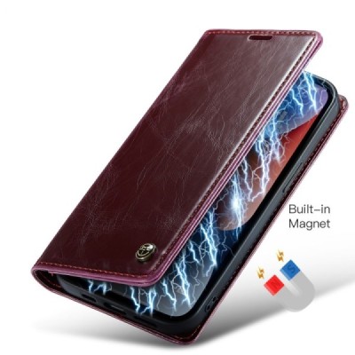 Apple iPhone 15 „CaseMe“ Leather solīds atvēramais ādas bordo maciņš - maks | Vacins.lv