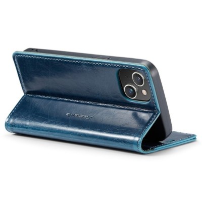Apple iPhone 15 Plus „CaseMe“ Leather solīds atvēramais ādas zils maciņš - maks | Vacins.lv