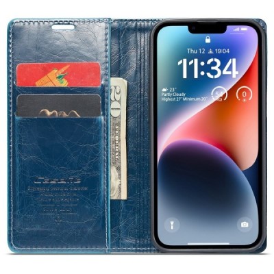 Apple iPhone 15 Plus „CaseMe“ Leather solīds atvēramais ādas zils maciņš - maks | Vacins.lv