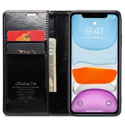Apple iPhone 11 „CaseMe“ Leather solīds atvēramais ādas melns maciņš - maks | Vacins.lv