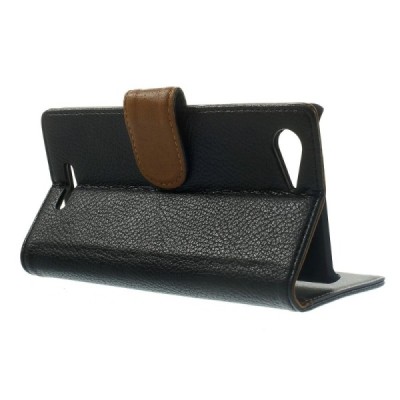 Sony Xperia E3 atverčiamas juodas odinis Litchi dėklas - piniginė / Priedai.lt