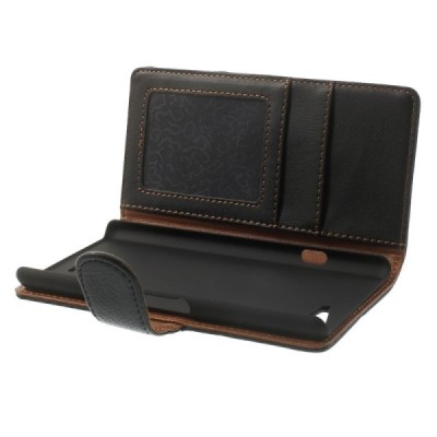 Sony Xperia E3 atverčiamas juodas odinis Litchi dėklas - piniginė / Priedai.lt