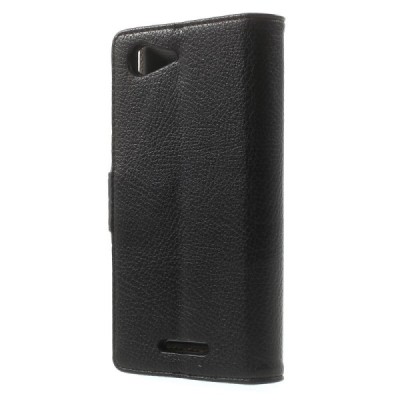 Sony Xperia E3 atverčiamas juodas odinis Litchi dėklas - piniginė / Priedai.lt