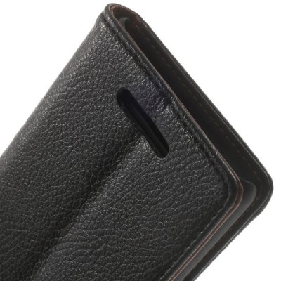 Sony Xperia E3 atverčiamas juodas odinis Litchi dėklas - piniginė / Priedai.lt