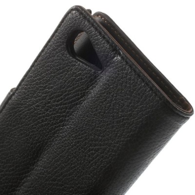 Sony Xperia E3 atverčiamas juodas odinis Litchi dėklas - piniginė / Priedai.lt