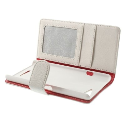 Sony Xperia E3 atvēramais sarkans ādas Litchi futrālis - maciņš / Vacins.lv