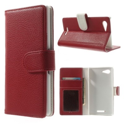 Sony Xperia E3 atvēramais sarkans ādas Litchi futrālis - maciņš / Vacins.lv
