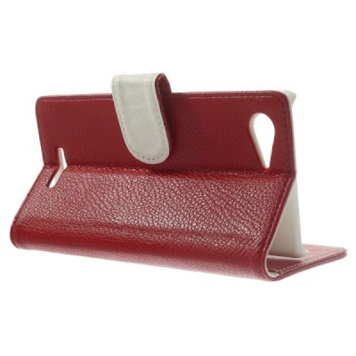 Sony Xperia E3 atverčiamas raudonas odinis Litchi dėklas - piniginė / Priedai.lt