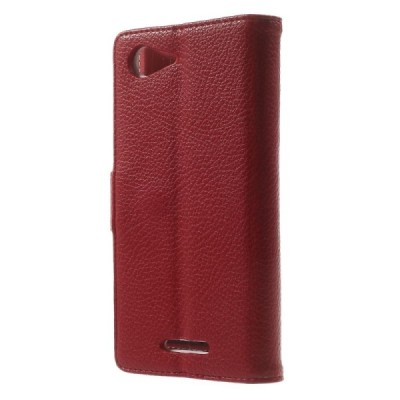 Sony Xperia E3 atverčiamas raudonas odinis Litchi dėklas - piniginė / Priedai.lt