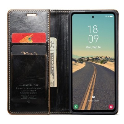 Samsung Galaxy S23 FE (Fan Edition) „CaseMe“ Leather solīds atvēramais ādas brūns maciņš - maks | Vacins.lv