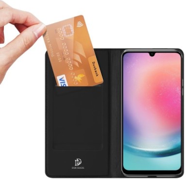 Samsung Galaxy A25 (SM-A256) „Dux Ducis“ Skin sērijas melns ādas atvērams maciņš | Vacins.lv
