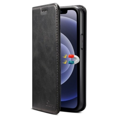 Suteni atverčiamas juodas odinis Apple iPhone 12 Mini dėklas - knygutė | Priedai.lt