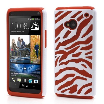 Strīpains plastmasas un cieta silikona HTC One M7 balts un sarkans apvalks / Vacins.lv