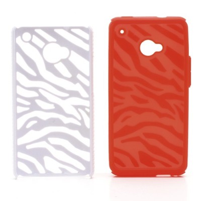 Strīpains plastmasas un cieta silikona HTC One M7 balts un sarkans apvalks / Vacins.lv
