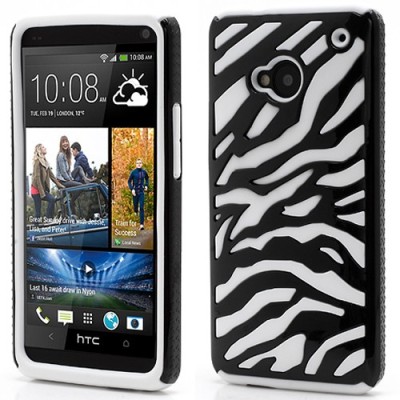 Strīpains plastmasas un cieta silikona HTC One M7 balts un melns apvalks / Vacins.lv