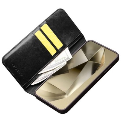 Samsung Galaxy S24+ (SM-S926) „QIALINO“ atvēramais ādas melns maciņš - maks | Vacins.lv