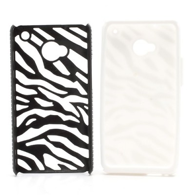 Strīpains plastmasas un cieta silikona HTC One M7 balts un melns apvalks / Vacins.lv