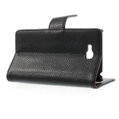LG Optimus L9 II D605 atverčiamas juodas odinis Litchi dėklas - piniginė / Priedai.lt