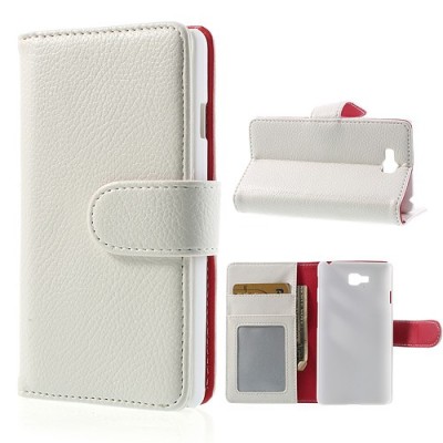 LG Optimus L9 II D605 atverčiamas baltas odinis Litchi dėklas - piniginė / Priedai.lt