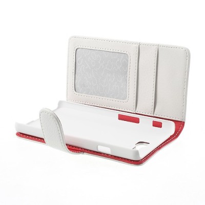 LG Optimus L9 II D605 atverčiamas baltas odinis Litchi dėklas - piniginė / Priedai.lt