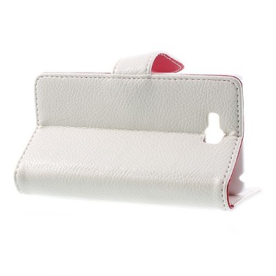 LG Optimus L9 II D605 atverčiamas baltas odinis Litchi dėklas - piniginė / Priedai.lt