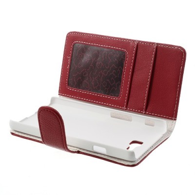 LG Optimus L9 II D605 atverčiamas raudonas odinis Litchi dėklas - piniginė / Priedai.lt