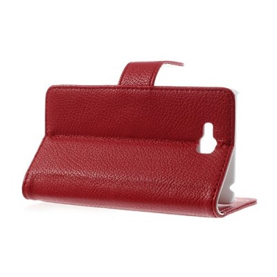 LG Optimus L9 II D605 atverčiamas raudonas odinis Litchi dėklas - piniginė / Priedai.lt