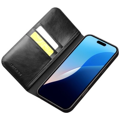 Apple iPhone 16 Pro Max "QIALINO" atvēramais ādas melns maciņš - maks | Vacins.lv